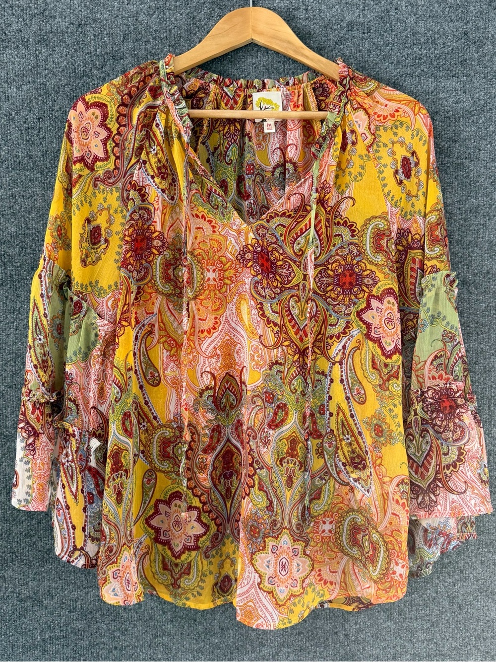 Fig And Flower Womens Paisley Boho Top Size Medium Bell Sleeve Peasant Festival
